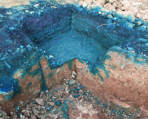 Close view of blue dye tracing water movement through soil.